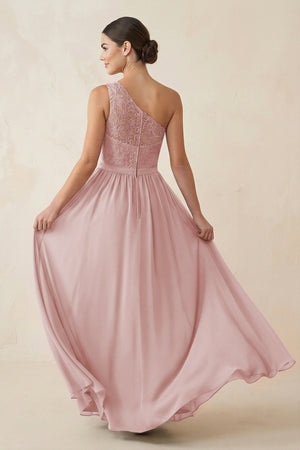 One - Shoulder Lace Chiffon A - Line Bridesmaid Dress in Dusty Rose - KISS BRIDAL Bridesmaid Dresses