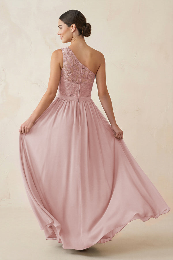 One - Shoulder Lace Chiffon A - Line Bridesmaid Dress in Dusty Rose - KISS BRIDAL Bridesmaid Dresses