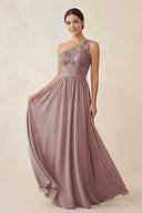 One-Shoulder Lace Chiffon A-Line Bridesmaid Dress in Dusty Rose | KISSBRIDAL