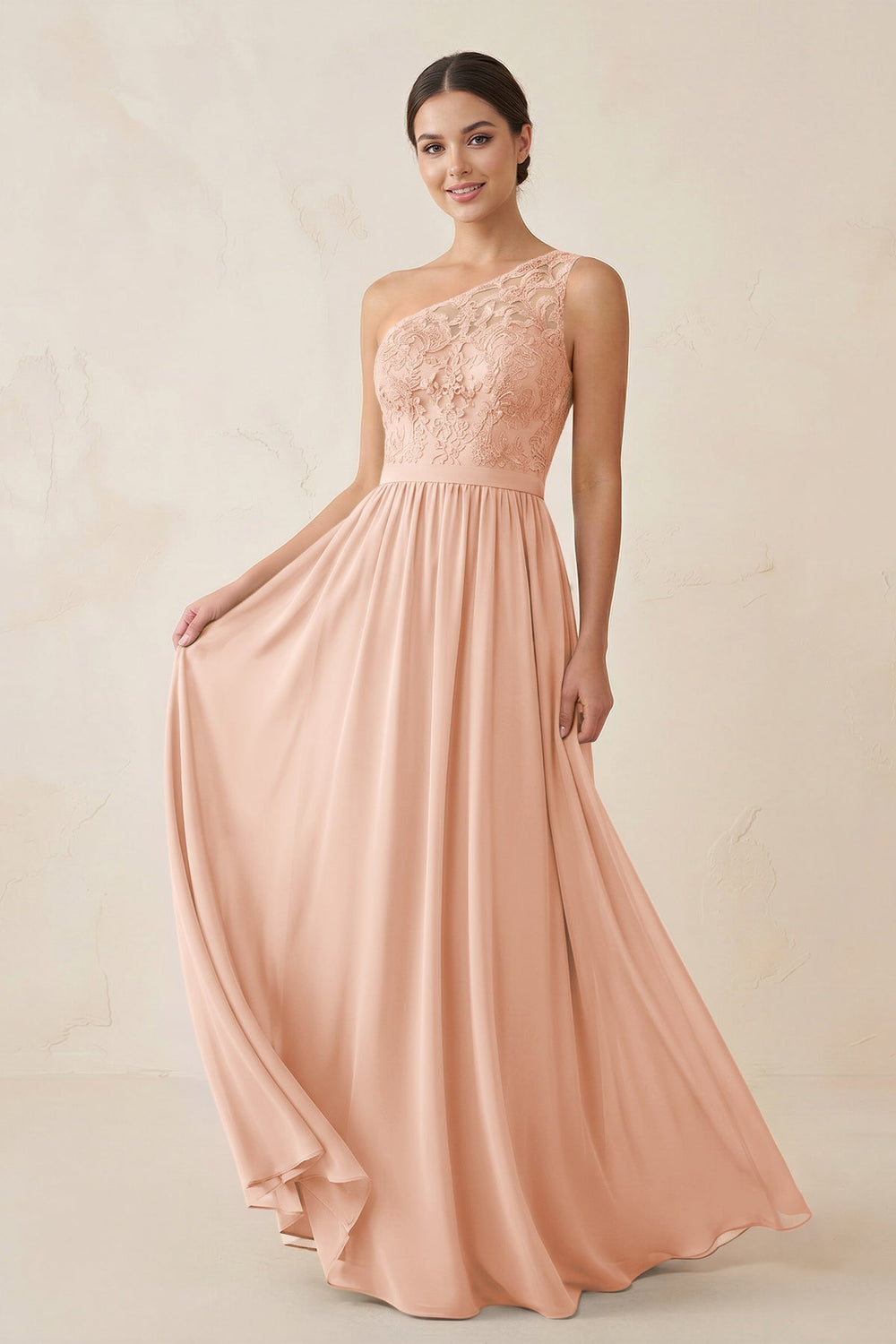 One - Shoulder Lace Chiffon A - Line Bridesmaid Dress in English Rose - KISS BRIDAL Bridesmaid Dresses