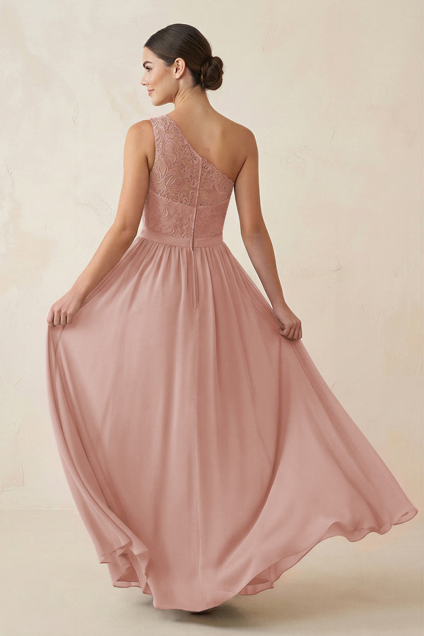 One-Shoulder Lace Chiffon A-Line Bridesmaid Dress in English Rose (2) | KISSBRIDAL