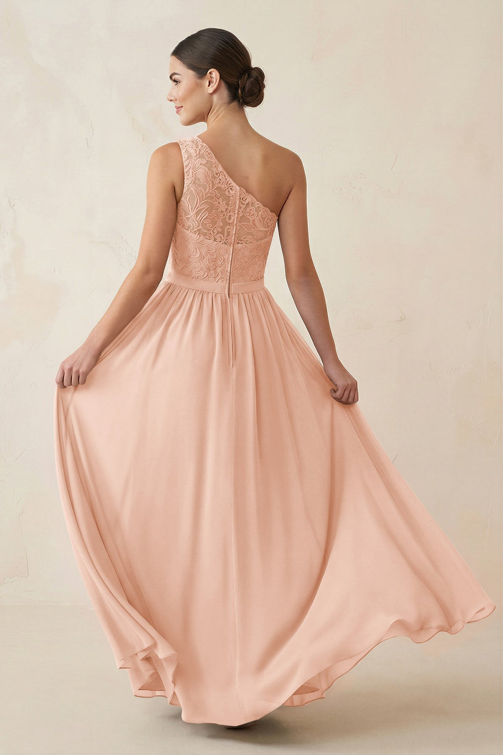 One - Shoulder Lace Chiffon A - Line Bridesmaid Dress in English Rose - KISS BRIDAL Bridesmaid Dresses