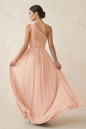 One - Shoulder Lace Chiffon A - Line Bridesmaid Dress in English Rose - KISS BRIDAL Bridesmaid Dresses
