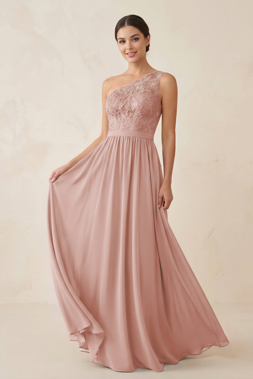 One-Shoulder Lace Chiffon A-Line Bridesmaid Dress in English Rose