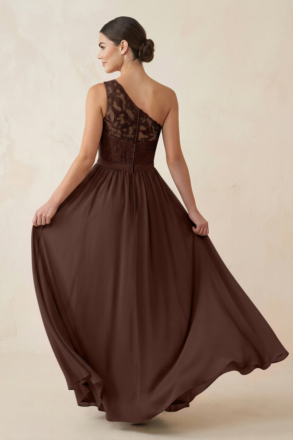 One - Shoulder Lace Chiffon A - Line Bridesmaid Dress in Espresso - KISS BRIDAL Bridesmaid Dresses
