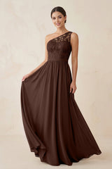 One - Shoulder Lace Chiffon A - Line Bridesmaid Dress in Espresso - KISS BRIDAL Bridesmaid Dresses