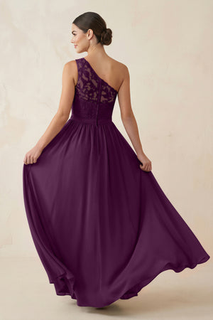 One-Shoulder Lace Chiffon A-Line Bridesmaid Dress in Fig (2) | KISSBRIDAL
