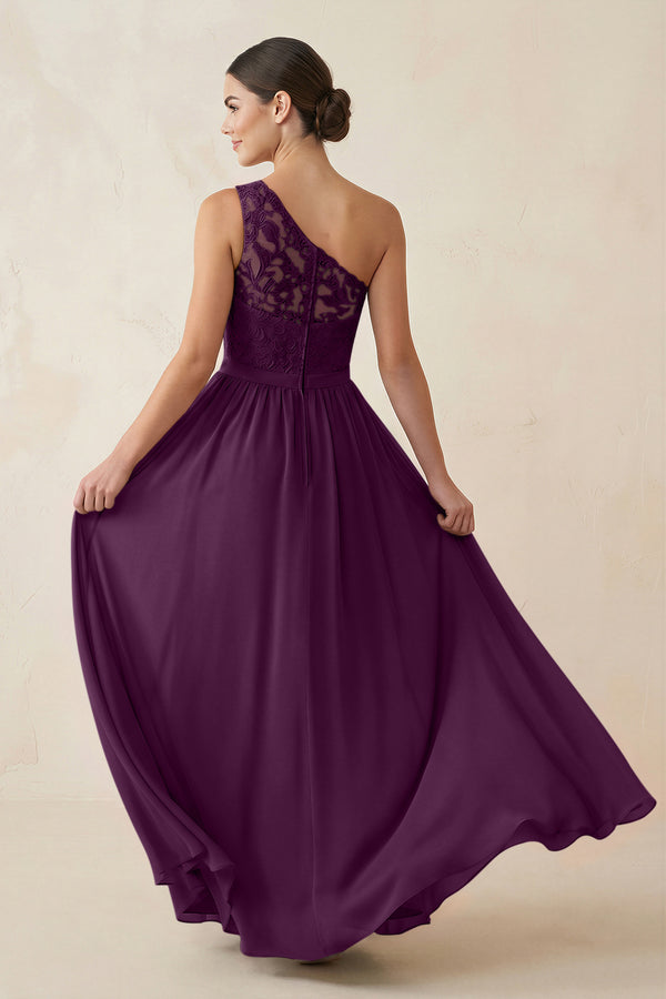 One-Shoulder Lace Chiffon A-Line Bridesmaid Dress in Fig (2) | KISSBRIDAL
