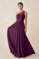 One-Shoulder Lace Chiffon A-Line Bridesmaid Dress in Fig | KISSBRIDAL