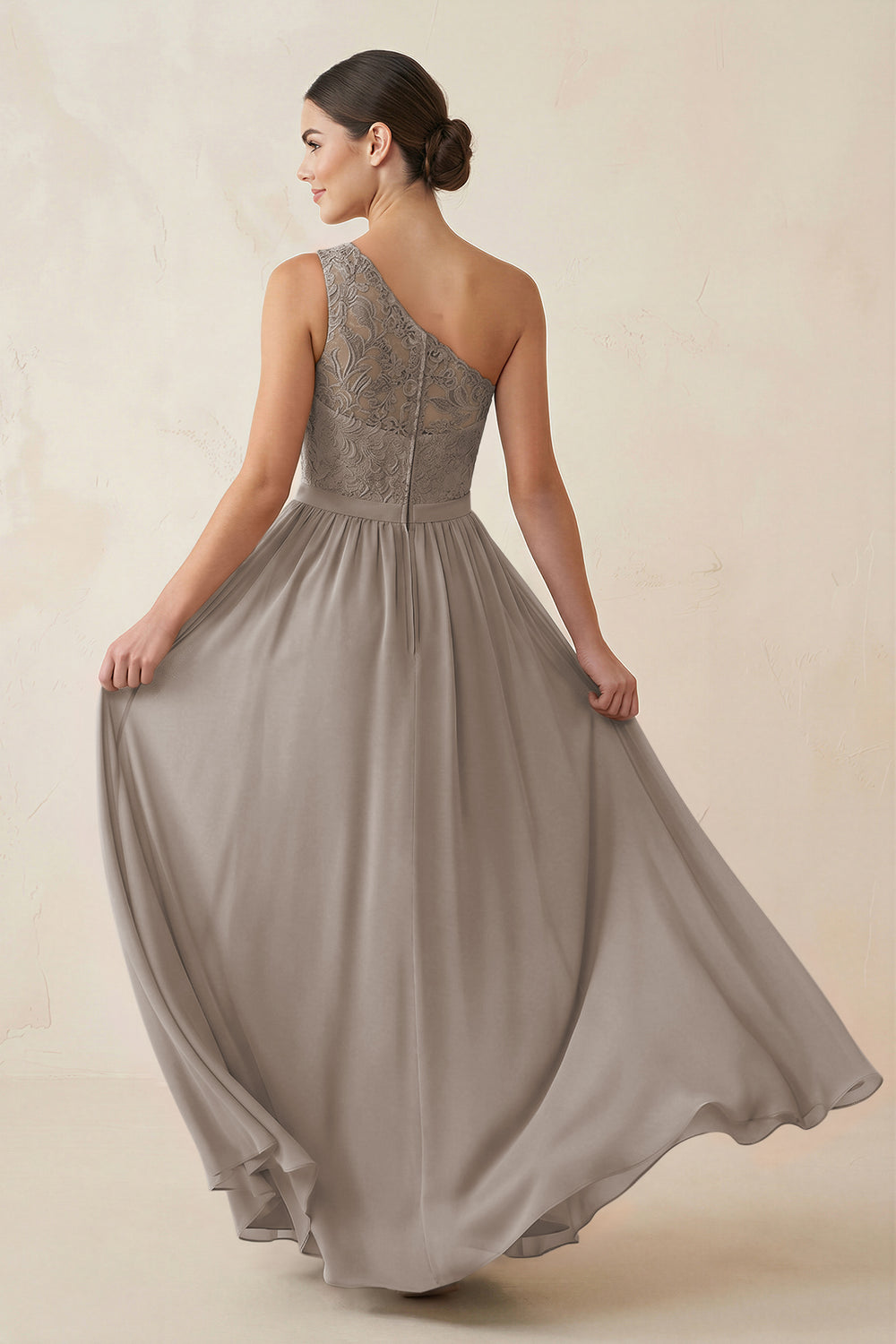 One-Shoulder Lace Chiffon A-Line Bridesmaid Dress in Frost