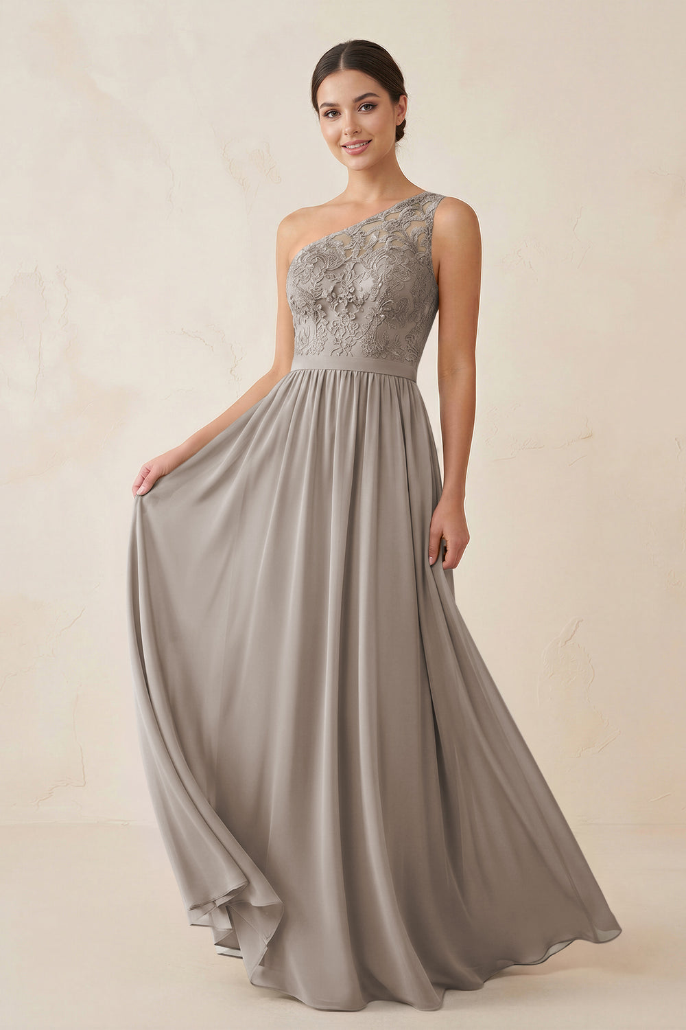 One-Shoulder Lace Chiffon A-Line Bridesmaid Dress in Frost