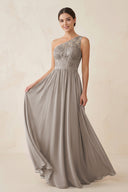 One-Shoulder Lace Chiffon A-Line Bridesmaid Dress in Frost | KISSBRIDAL