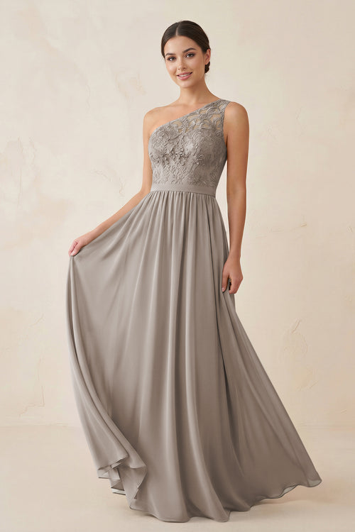 One-Shoulder Lace Chiffon A-Line Bridesmaid Dress in Frost | KISSBRIDAL