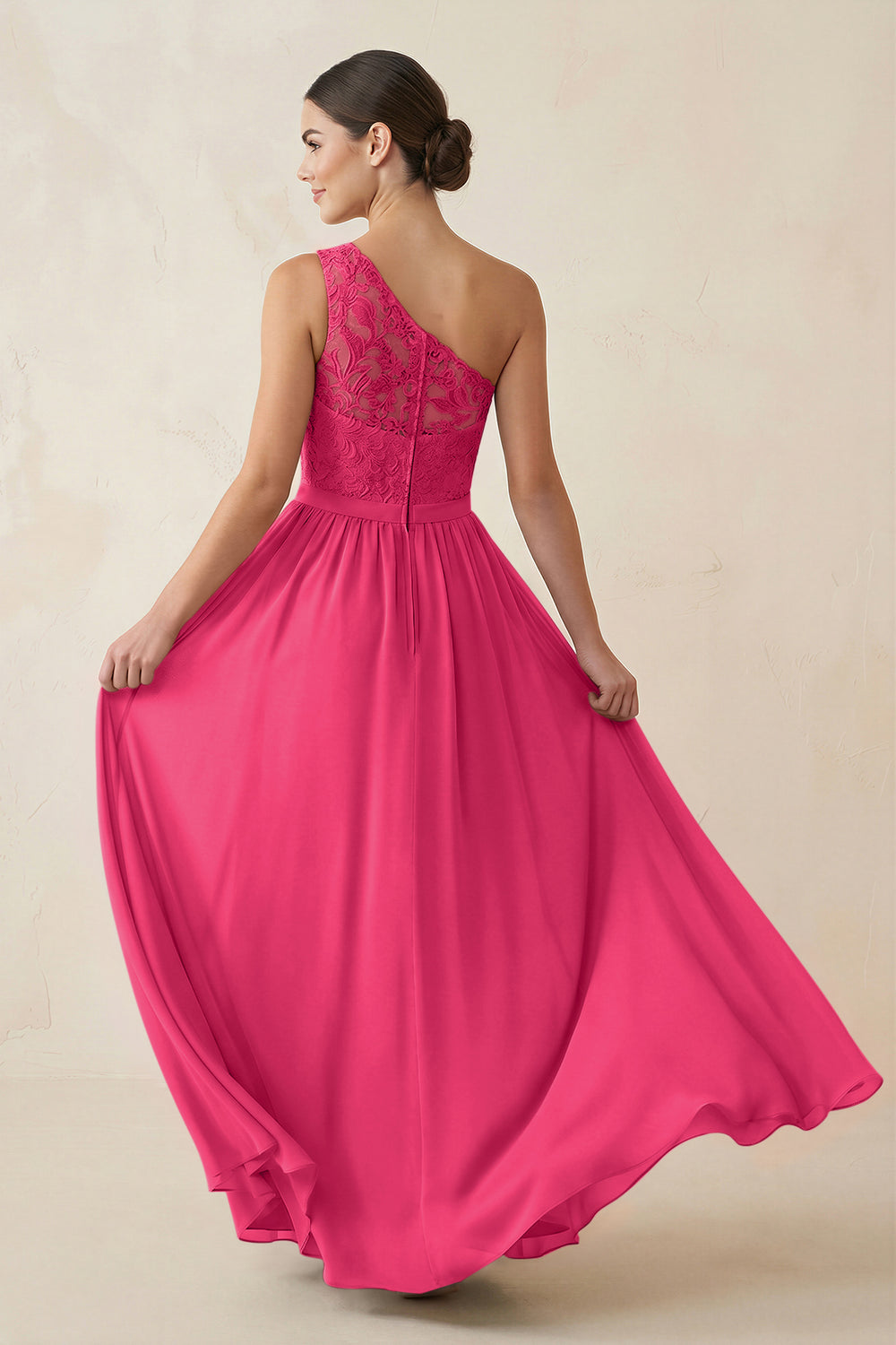 One-Shoulder Lace Chiffon A-Line Bridesmaid Dress in Fuchsia