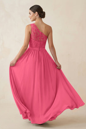 One - Shoulder Lace Chiffon A - Line Bridesmaid Dress in Fuchsia - KISS BRIDAL Bridesmaid Dresses