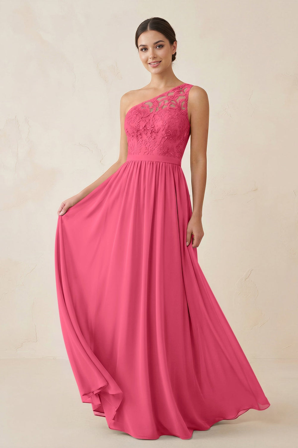 One - Shoulder Lace Chiffon A - Line Bridesmaid Dress in Fuchsia - KISS BRIDAL Bridesmaid Dresses