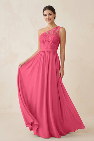 One - Shoulder Lace Chiffon A - Line Bridesmaid Dress in Fuchsia - KISS BRIDAL Bridesmaid Dresses
