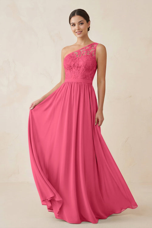 One - Shoulder Lace Chiffon A - Line Bridesmaid Dress in Fuchsia - KISS BRIDAL Bridesmaid Dresses