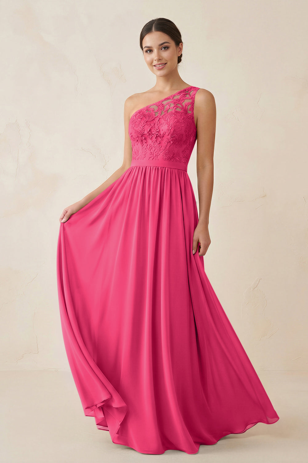 One-Shoulder Lace Chiffon A-Line Bridesmaid Dress in Fuchsia