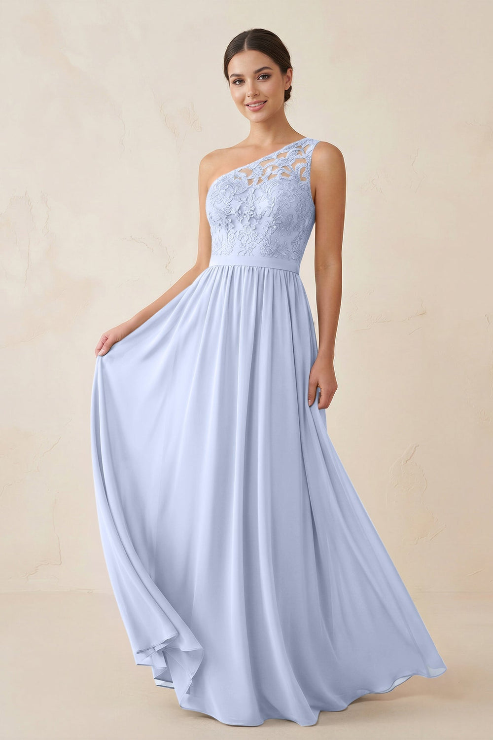 One - Shoulder Lace Chiffon A - Line Bridesmaid Dress in Ice - KISS BRIDAL Bridesmaid Dresses