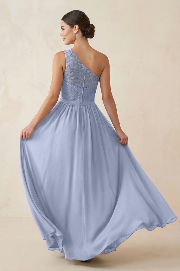 One-Shoulder Lace Chiffon A-Line Bridesmaid Dress in Ice (2) | KISSBRIDAL