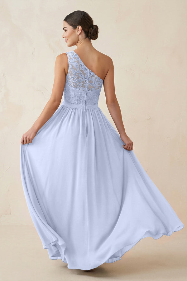 One - Shoulder Lace Chiffon A - Line Bridesmaid Dress in Ice - KISS BRIDAL Bridesmaid Dresses