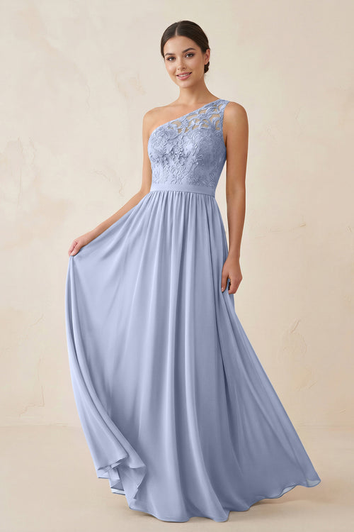 One-Shoulder Lace Chiffon A-Line Bridesmaid Dress in Ice | KISSBRIDAL