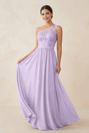 One - Shoulder Lace Chiffon A - Line Bridesmaid Dress in Lavender - KISS BRIDAL Bridesmaid Dresses