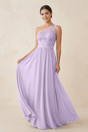 One - Shoulder Lace Chiffon A - Line Bridesmaid Dress in Lavender - KISS BRIDAL Bridesmaid Dresses