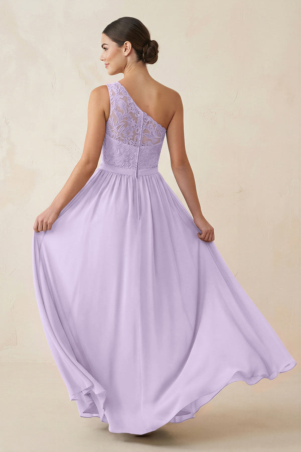 One - Shoulder Lace Chiffon A - Line Bridesmaid Dress in Lavender - KISS BRIDAL Bridesmaid Dresses
