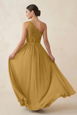 One-Shoulder Lace Chiffon A-Line Bridesmaid Dress in Marigold (2) | KISSBRIDAL