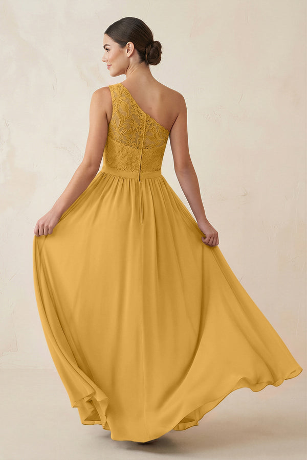 One - Shoulder Lace Chiffon A - Line Bridesmaid Dress in Marigold - KISS BRIDAL Bridesmaid Dresses