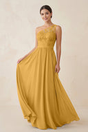 One - Shoulder Lace Chiffon A - Line Bridesmaid Dress in Marigold - KISS BRIDAL Bridesmaid Dresses