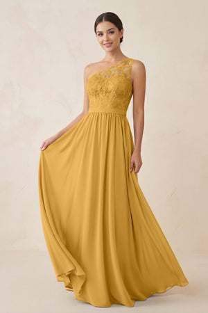 One - Shoulder Lace Chiffon A - Line Bridesmaid Dress in Marigold - KISS BRIDAL Bridesmaid Dresses