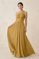 One-Shoulder Lace Chiffon A-Line Bridesmaid Dress in Marigold | KISSBRIDAL