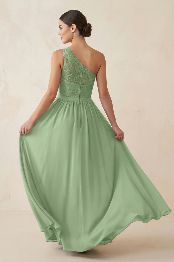 One-Shoulder Lace Chiffon A-Line Bridesmaid Dress in Matcha (2) | KISSBRIDAL
