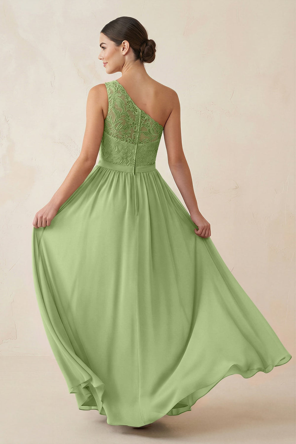 One - Shoulder Lace Chiffon A - Line Bridesmaid Dress in Matcha - KISS BRIDAL Bridesmaid Dresses