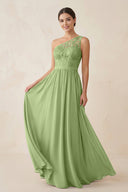 One - Shoulder Lace Chiffon A - Line Bridesmaid Dress in Matcha - KISS BRIDAL Bridesmaid Dresses