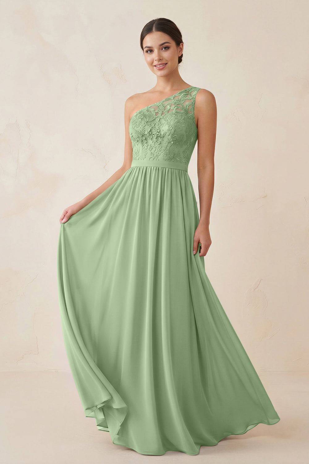 One-Shoulder Lace Chiffon A-Line Bridesmaid Dress in Matcha