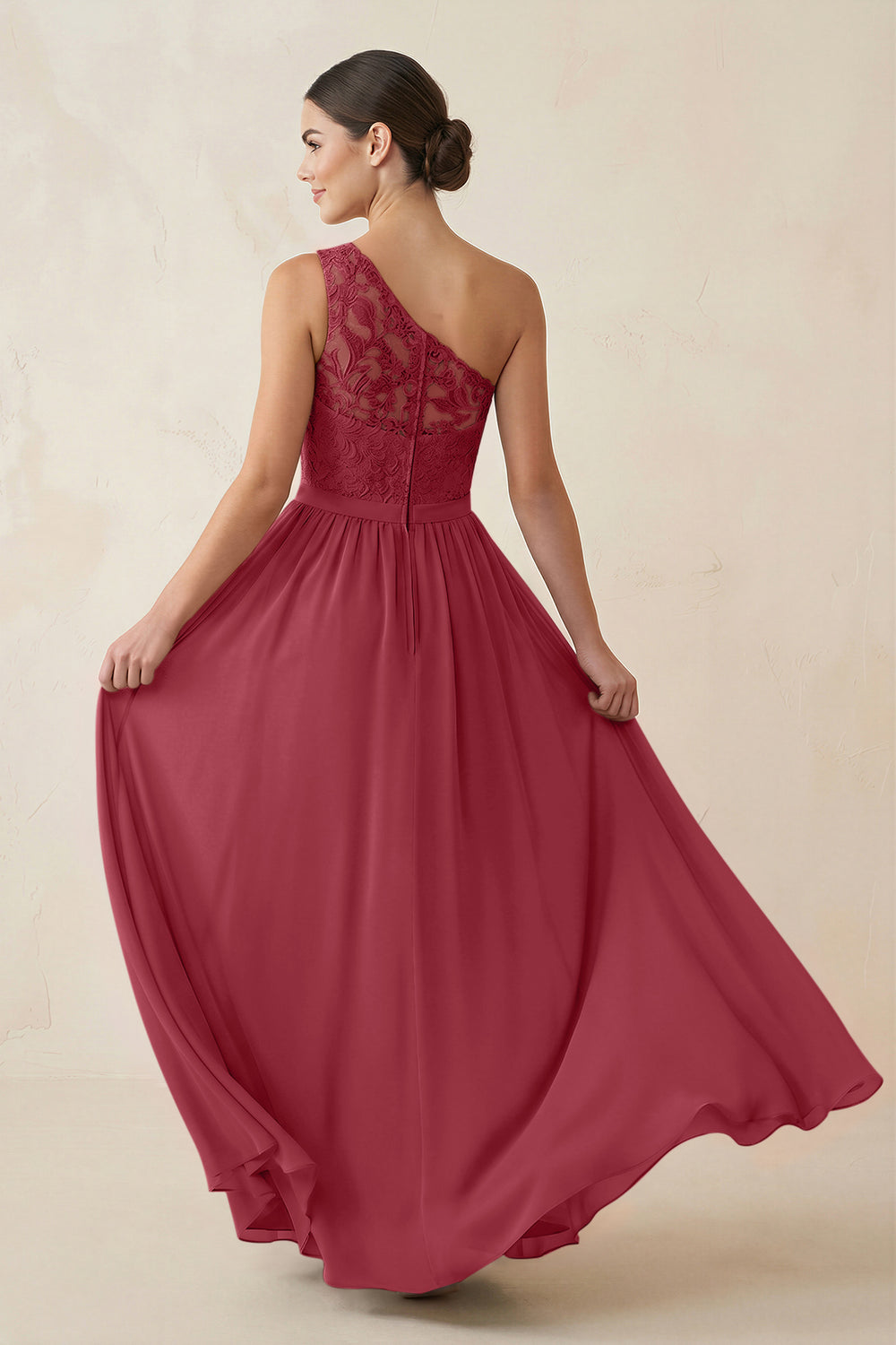 One-Shoulder Lace Chiffon A-Line Bridesmaid Dress in Merlot