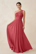 One - Shoulder Lace Chiffon A - Line Bridesmaid Dress in Merlot - KISS BRIDAL Bridesmaid Dresses