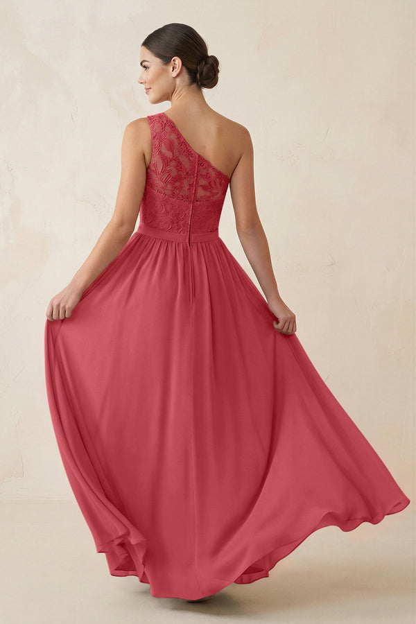 One - Shoulder Lace Chiffon A - Line Bridesmaid Dress in Merlot - KISS BRIDAL Bridesmaid Dresses