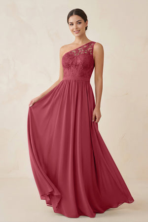 One-Shoulder Lace Chiffon A-Line Bridesmaid Dress in Merlot | KISSBRIDAL