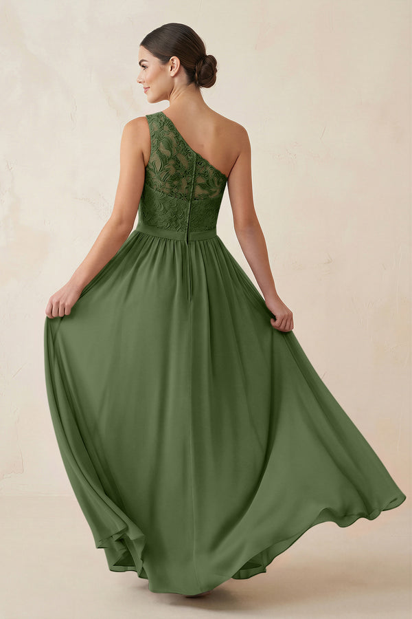 One-Shoulder Lace Chiffon A-Line Bridesmaid Dress in Moss (2) | KISSBRIDAL