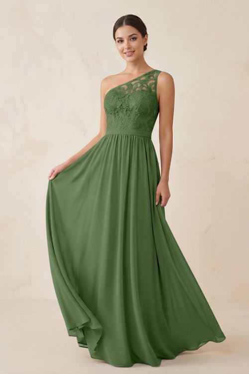 One - Shoulder Lace Chiffon A - Line Bridesmaid Dress in Moss - KISS BRIDAL Bridesmaid Dresses