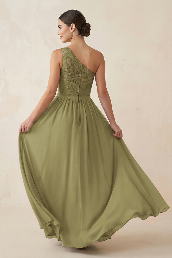 One-Shoulder Lace Chiffon A-Line Bridesmaid Dress in Moss Green (2) | KISSBRIDAL
