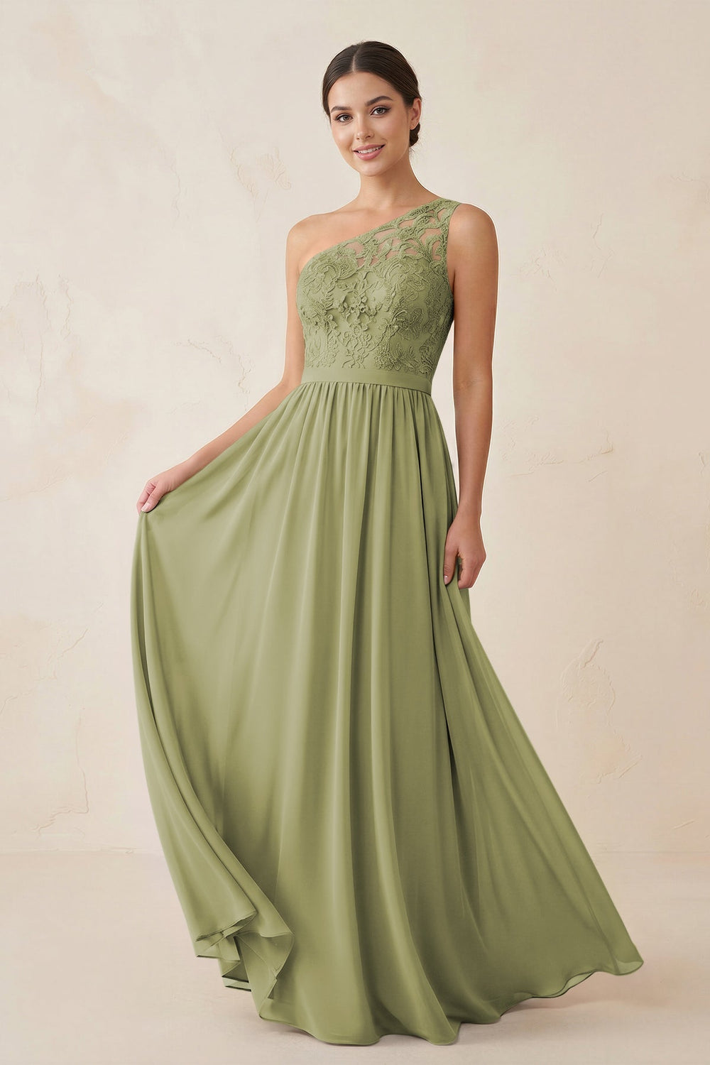 One - Shoulder Lace Chiffon A - Line Bridesmaid Dress in Moss Green - KISS BRIDAL Bridesmaid Dresses