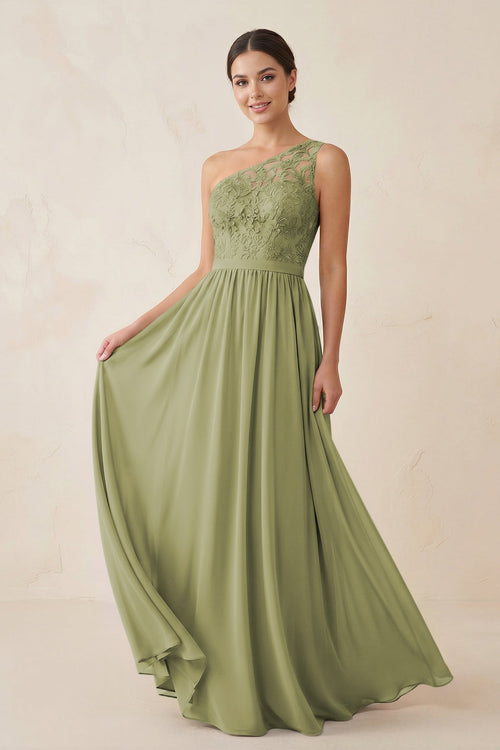 One - Shoulder Lace Chiffon A - Line Bridesmaid Dress in Moss Green - KISS BRIDAL Bridesmaid Dresses