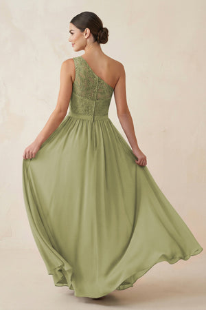 One - Shoulder Lace Chiffon A - Line Bridesmaid Dress in Moss Green - KISS BRIDAL Bridesmaid Dresses