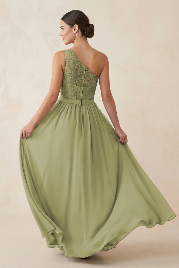 One - Shoulder Lace Chiffon A - Line Bridesmaid Dress in Moss Green - KISS BRIDAL Bridesmaid Dresses